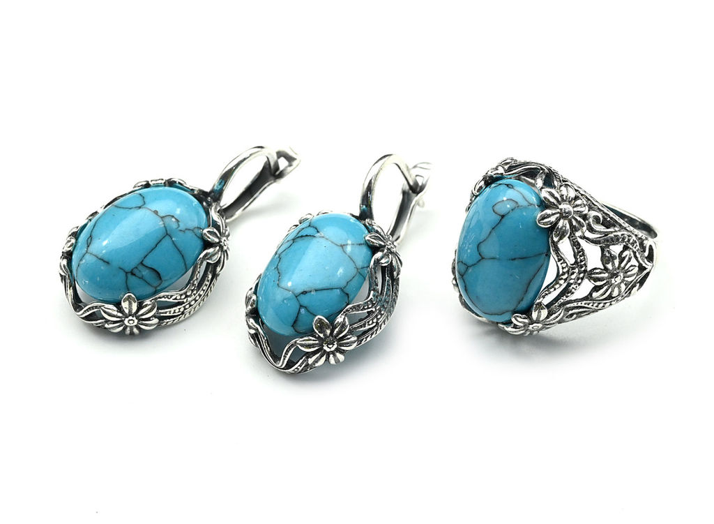 Кольцо Серьги с бирюзой (имитация) размер 17