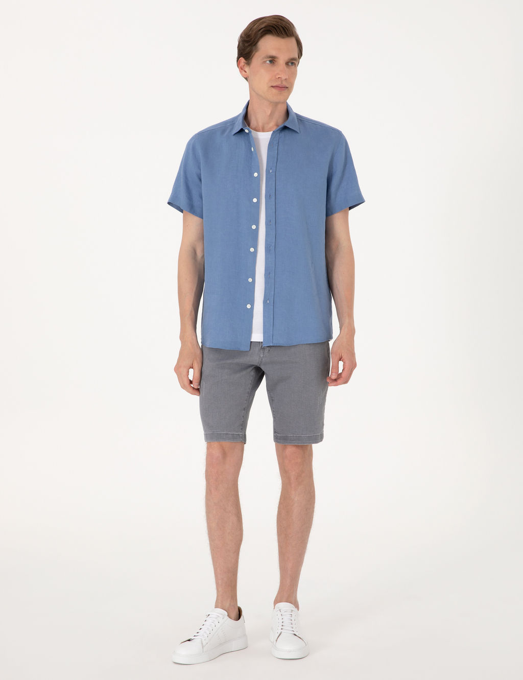 Mavi %100 Keten Regular Fit K_sa Kollu G_mlek