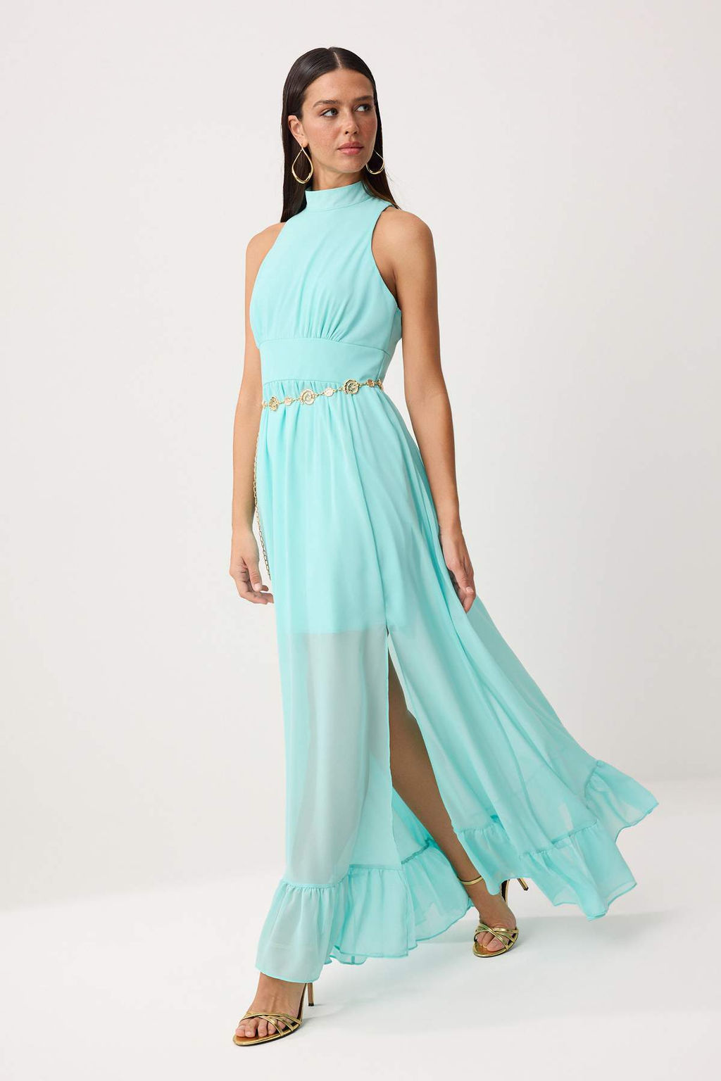 Su Yesil Dokuma Sifon Astarl? Kemer Detayl? Maxi Abiye & Mezuniyet Elbisesi TPRSS26AE00044 - Trendyolmilla фото 2