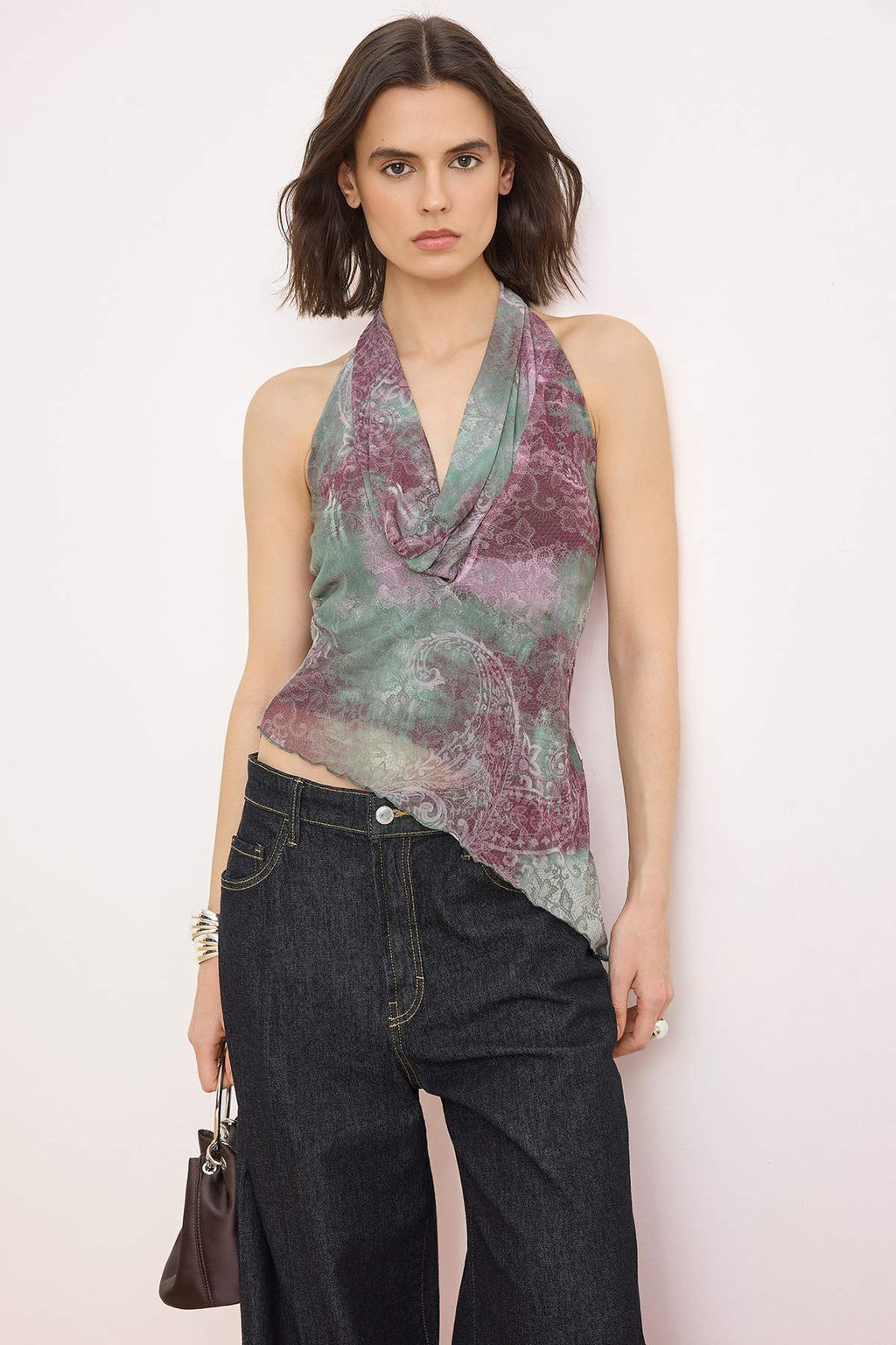 Cok Renkli Degaje Yaka Asimetrik Kesim Tul Party Bluz TPRSS26BZ00029