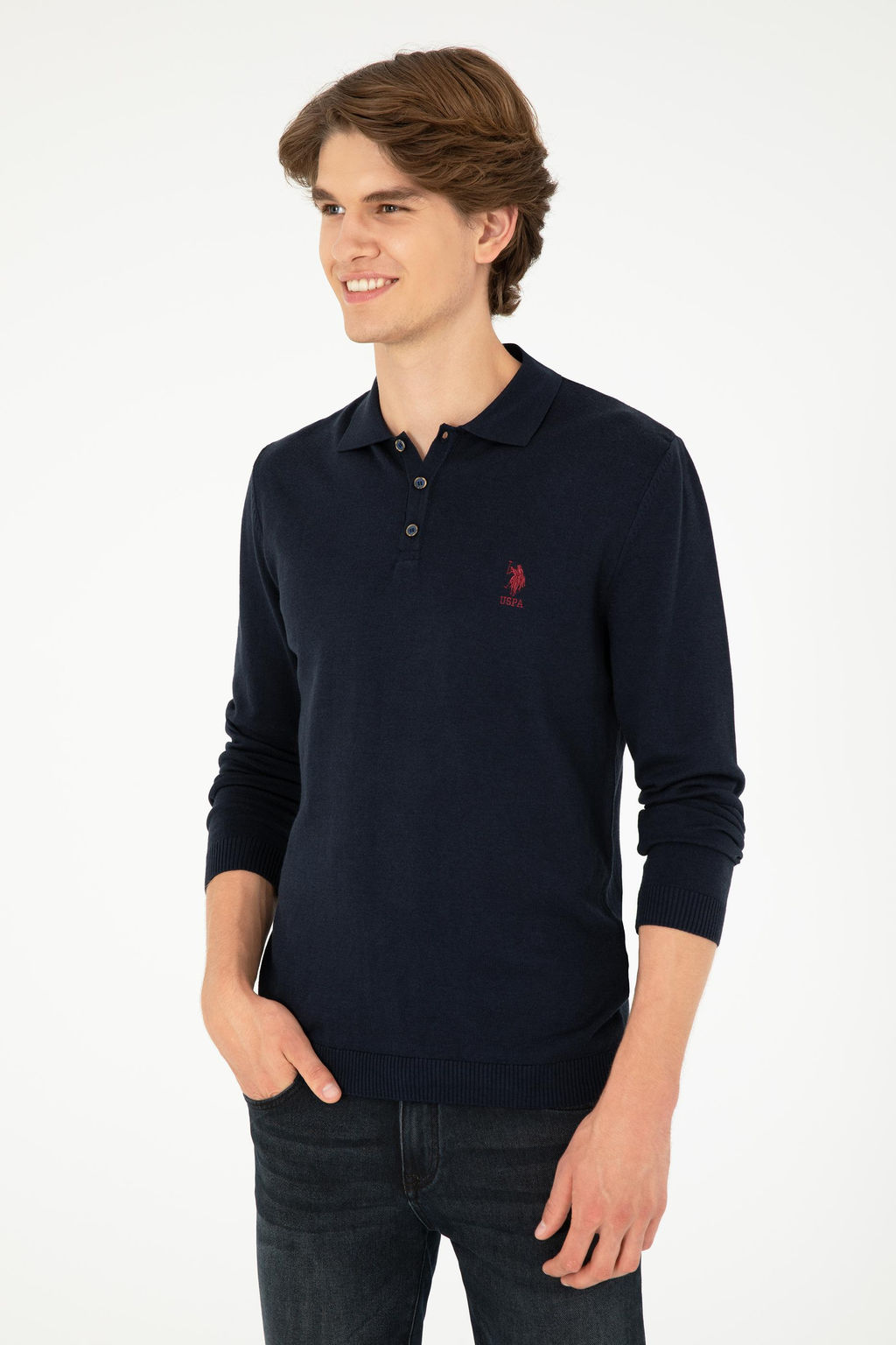 Erkek Slim Fit Polo Yaka Lacivert Basic Kazak