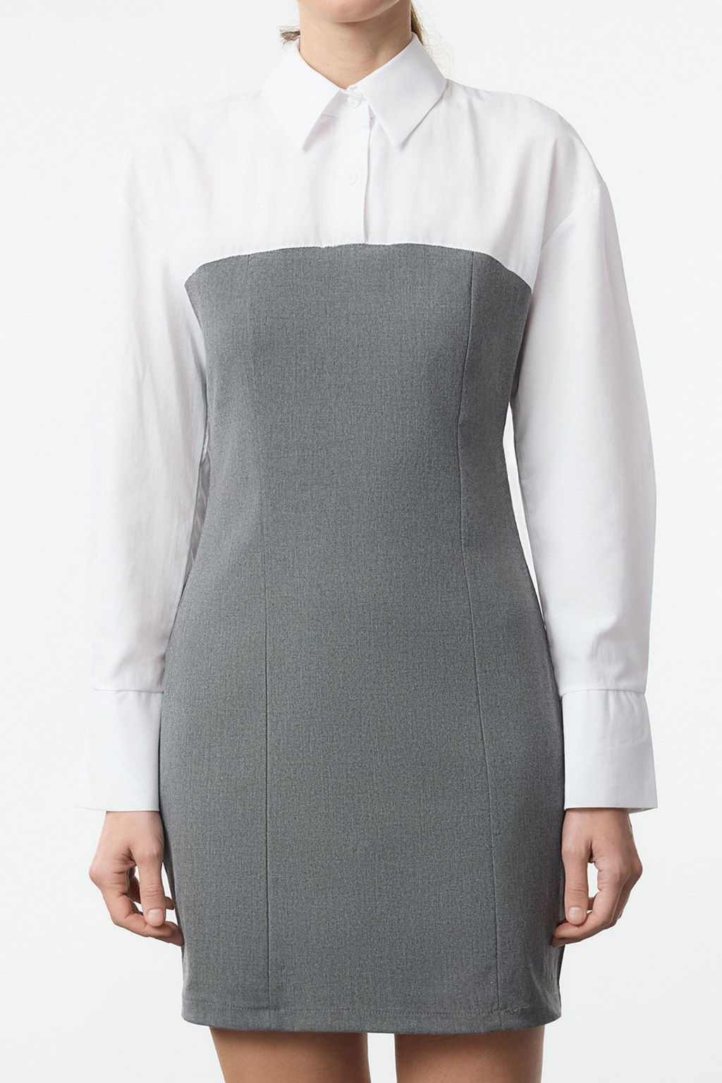 Gri Duz Bodycone Straplez Detayl? Mini Dokuma Gomlek Elbise TWOSS24EL00751
