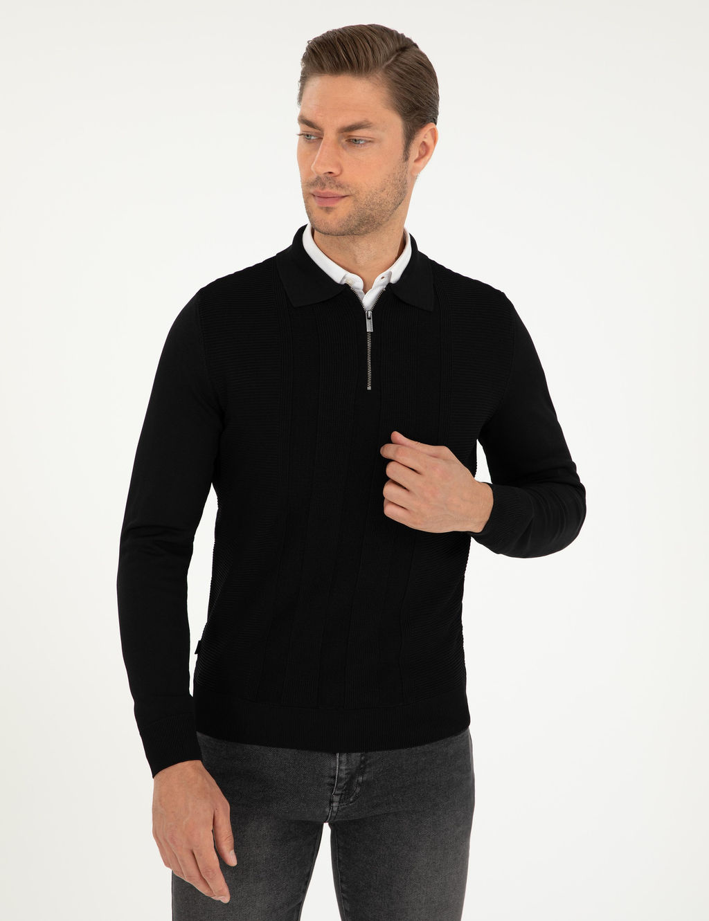 Siyah Regular Fit Fermuarl_ Polo Yaka Triko Kazak - Pierre cardin фото 3