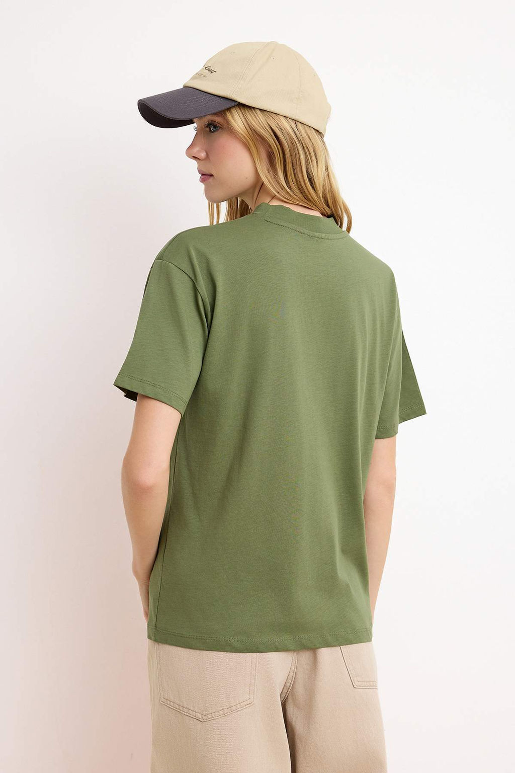 Kahverengi-Haki 2li Paket %100 Pamuk Basic Dik Yaka Orme T-Shirt TWOSS20TS1500