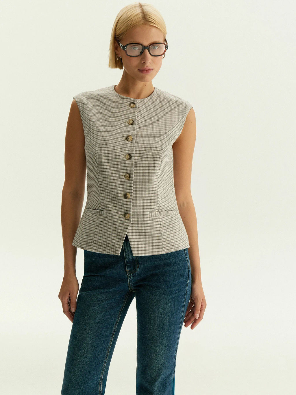 Однобортный жилет с принтом гусиная лапка, GL118/cage - Emka фото 3