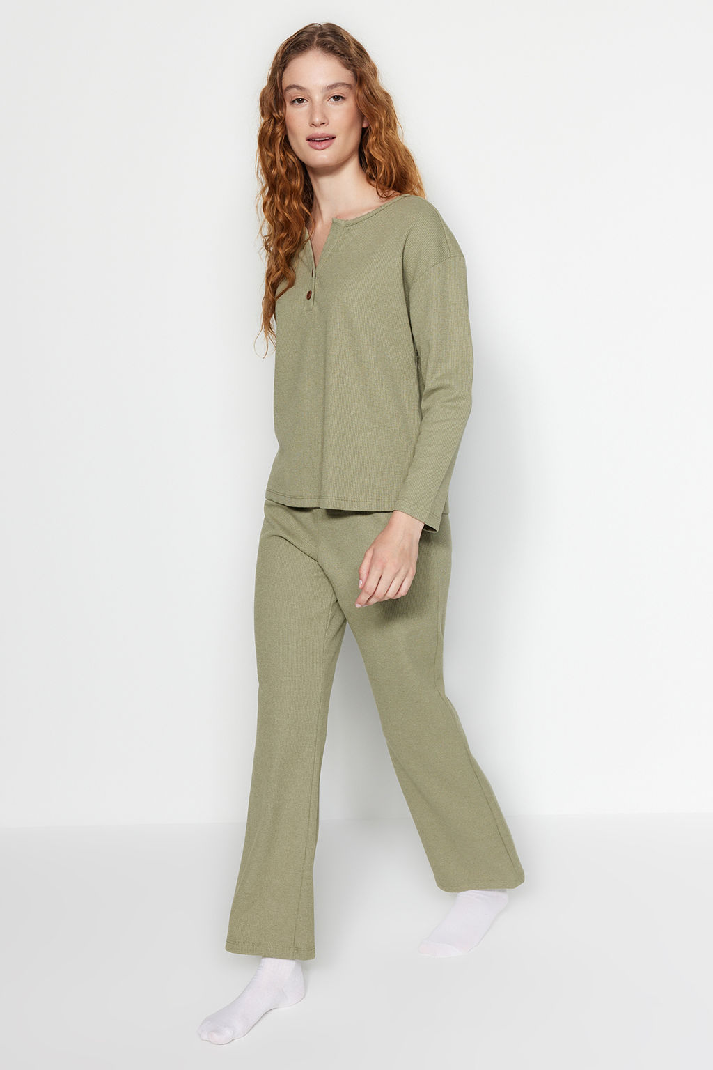 Trendyolmilla Yesil Waffle Tshirt-Pantolon Orme Pijama Tak?m? THMAW24PT00126