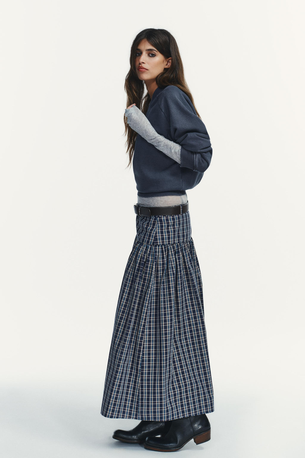 CHECKED MIDI SKIRT WITH BELT