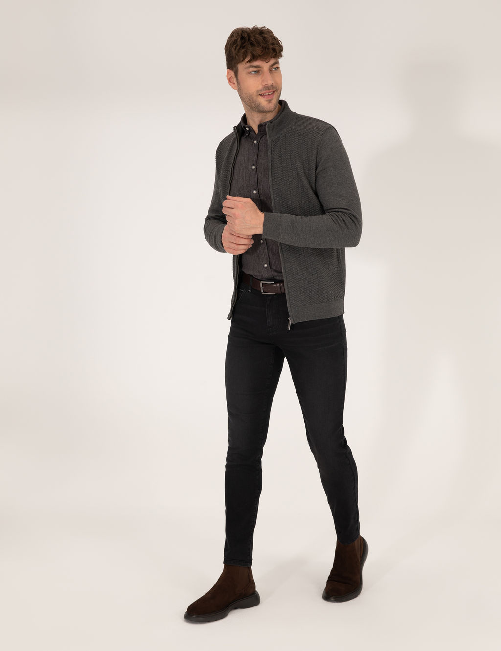 Gri Melanj Slim Fit Fermuarl_ Triko H_rka
