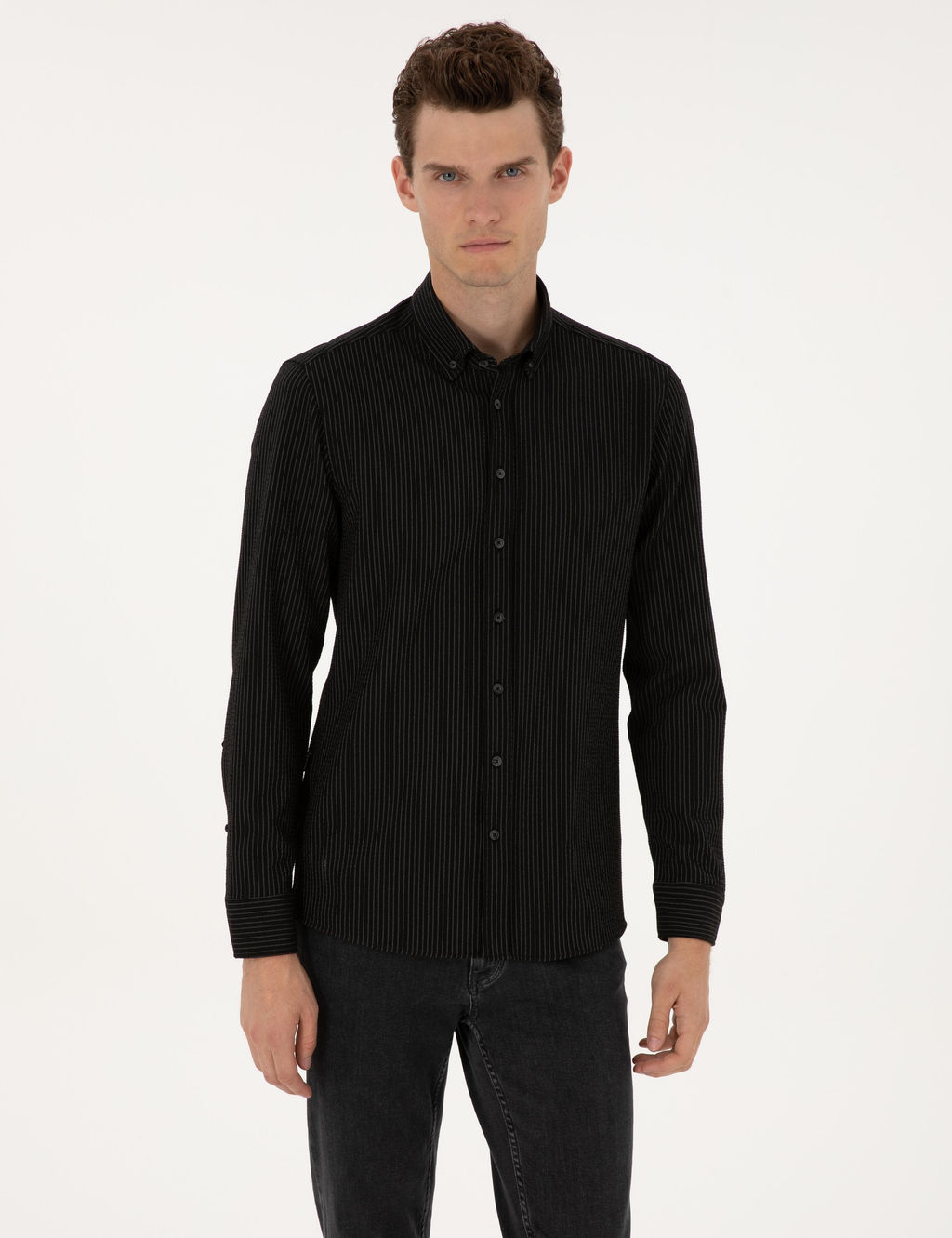 Siyah _izgi Bask_l_ Slim Fit Uzun Kollu G_mlek