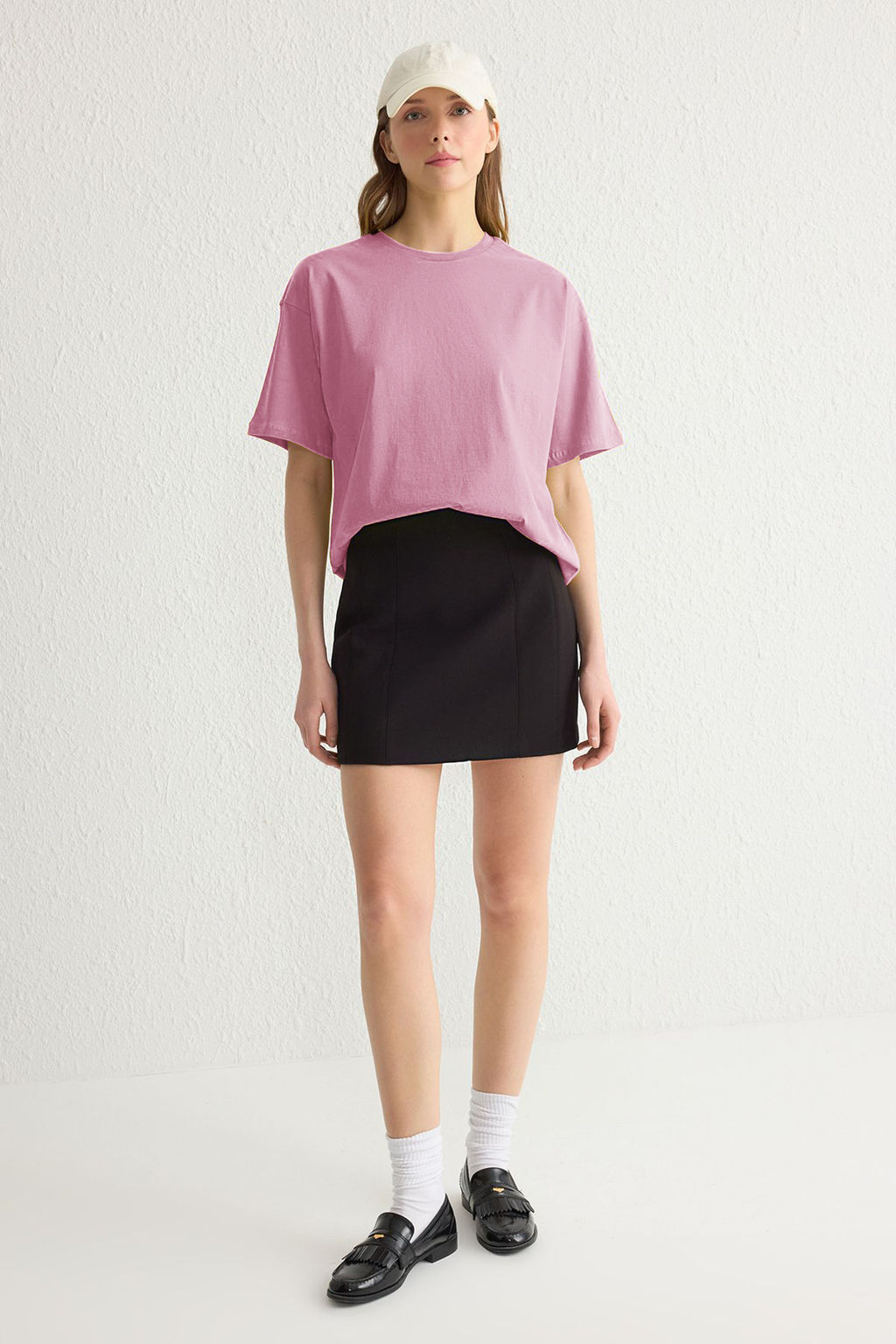 Ac?k Pembe %100 Pamuk Bisiklet Yaka Oversize/Genis Kal?p Orme T-Shirt TWOSS20TS0134