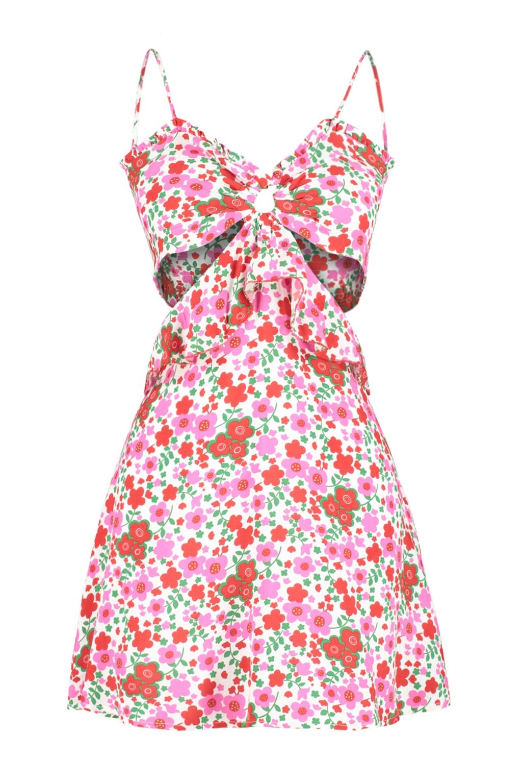 TRENDYOLMILLA Cicek Desenli Mini Dokuma Cut Out/Pencere Plaj Elbisesi TBESS21EL1054