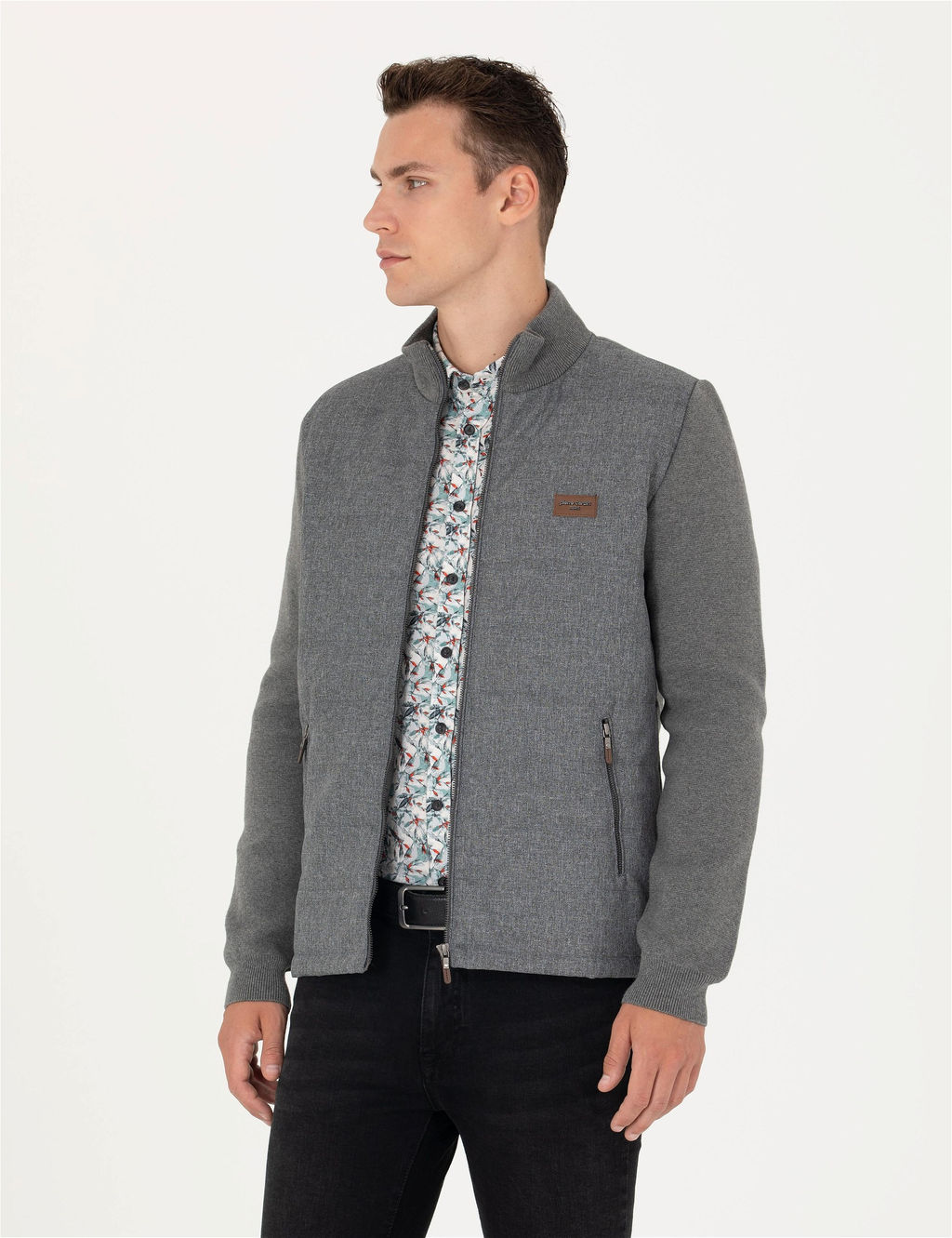 Gri Melanj Slim Fit Fermuarl_ Triko H_rka