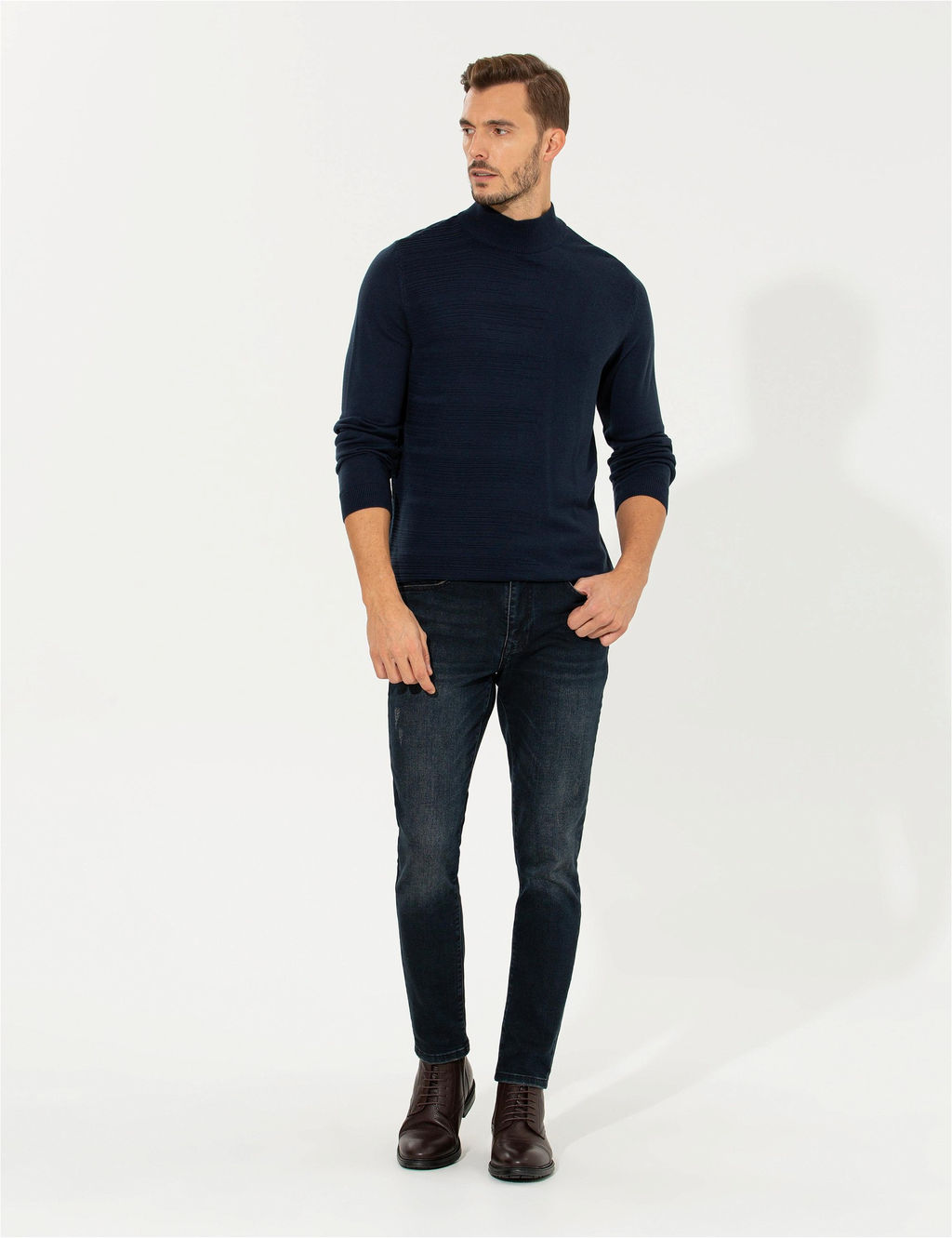 Lacivert Melanj Slim Fit Yar_m Bal_k__ Yaka Triko Kazak - Pierre cardin фото 4