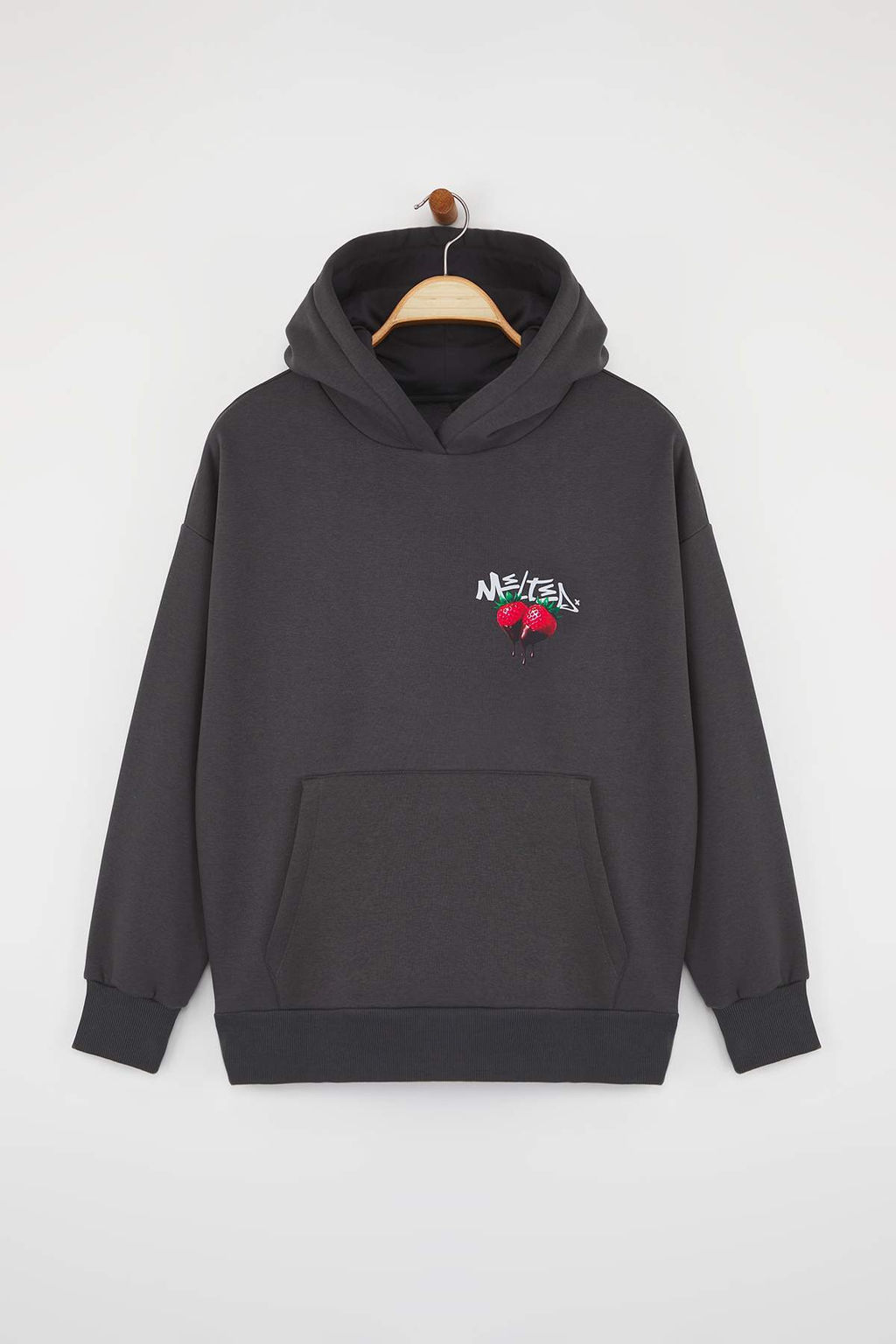 Teen Kal?n Ici Polarl? Antrasit Kapusonlu On ve S?rt Cilek Bask?l? Orme Sweatshirt TWOAW26SW00114