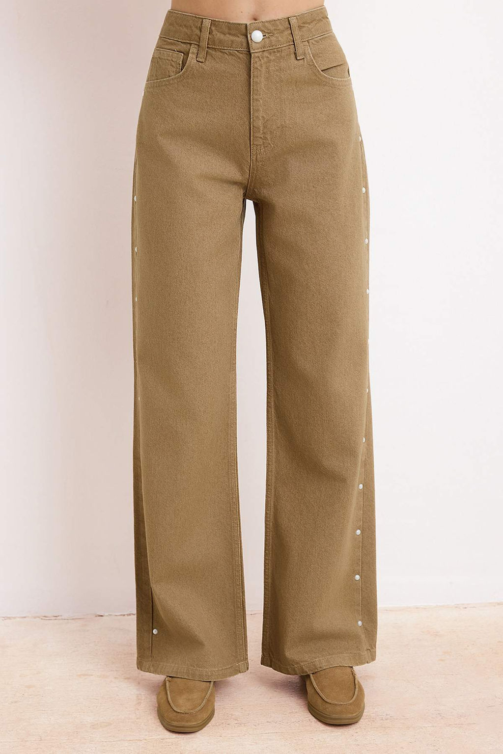 Camel Inci Detayl? Y?kama Efektli Yuksek Bel %100 Pamuk Wide Leg Jeans TWOSS26JE00055 - Trendyolmilla фото 5