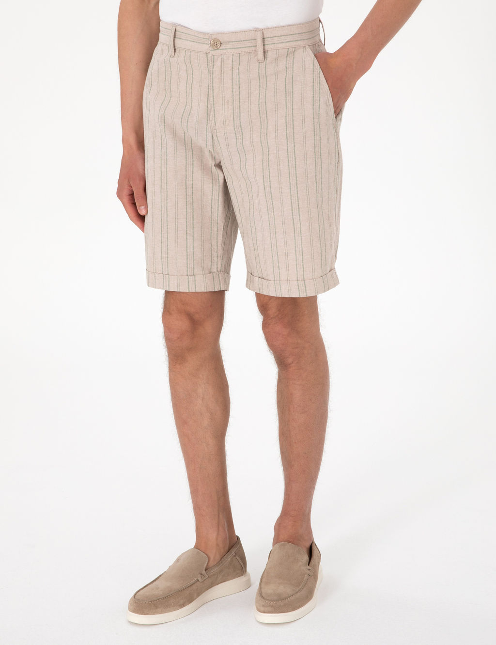 Haki Slim Fit Keten Kar___ml_ _izgili Dokuma _ort