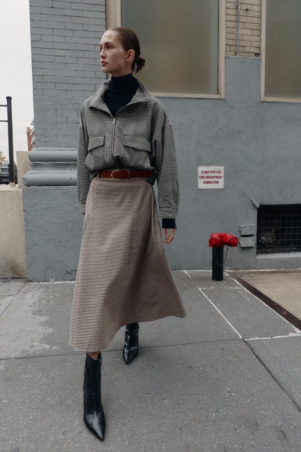 HOUNDSTOOTH CAPE BELT MIDI SKIRT