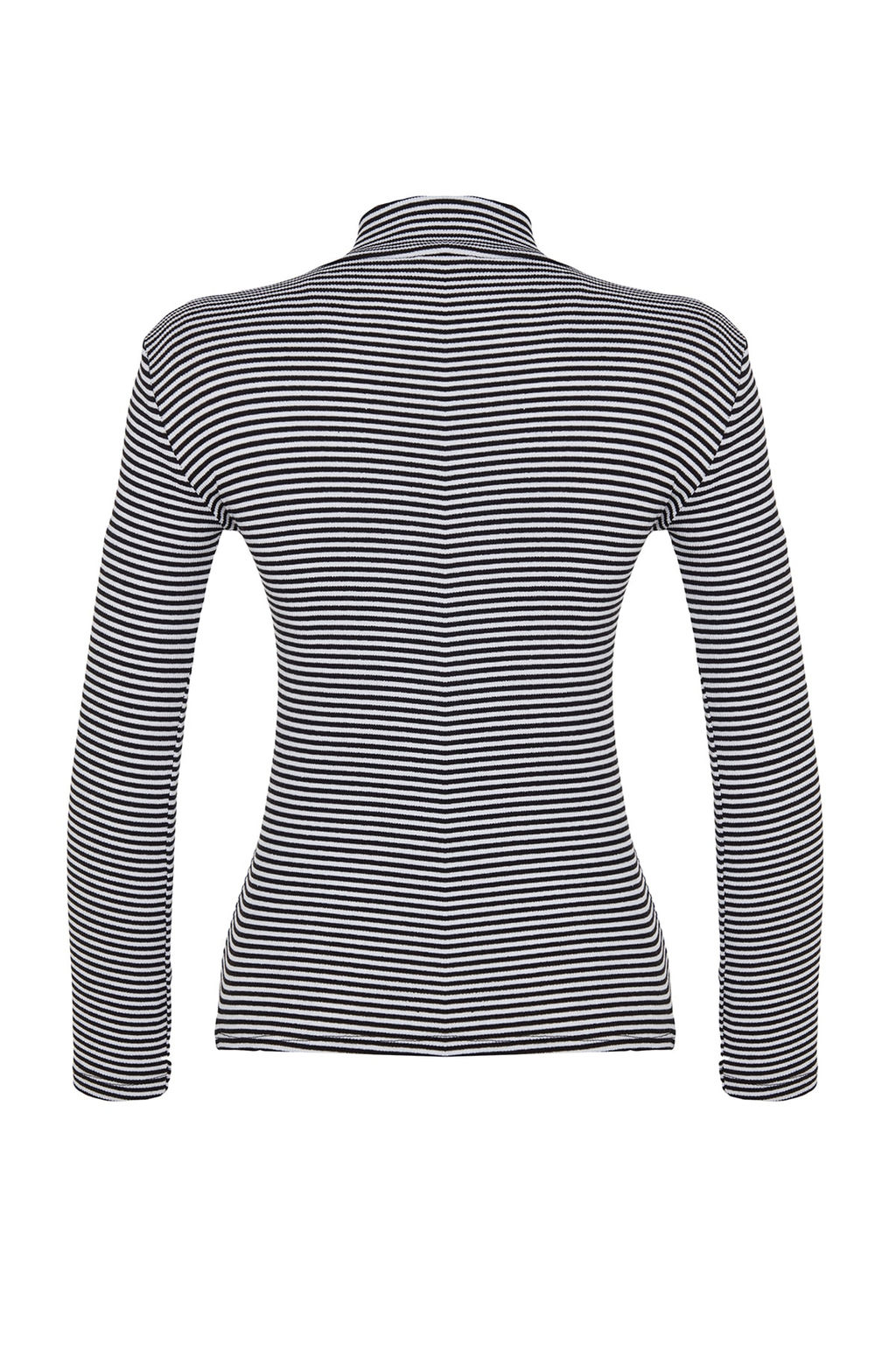 Ekru Siyah Cizgili Fitted/Vucuda Oturan Dik Yaka Uzun Kol Fitilli Esnek Orme Bluz TWOAW21BZ0423