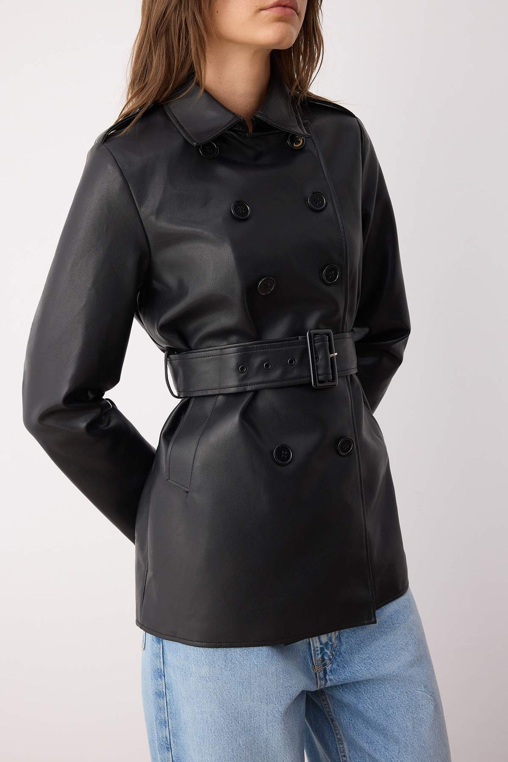 Siyah Suni Deri Kruvaze Regular Midi Trenckot TWOAW26TR00007 - Trendyolmilla фото 2