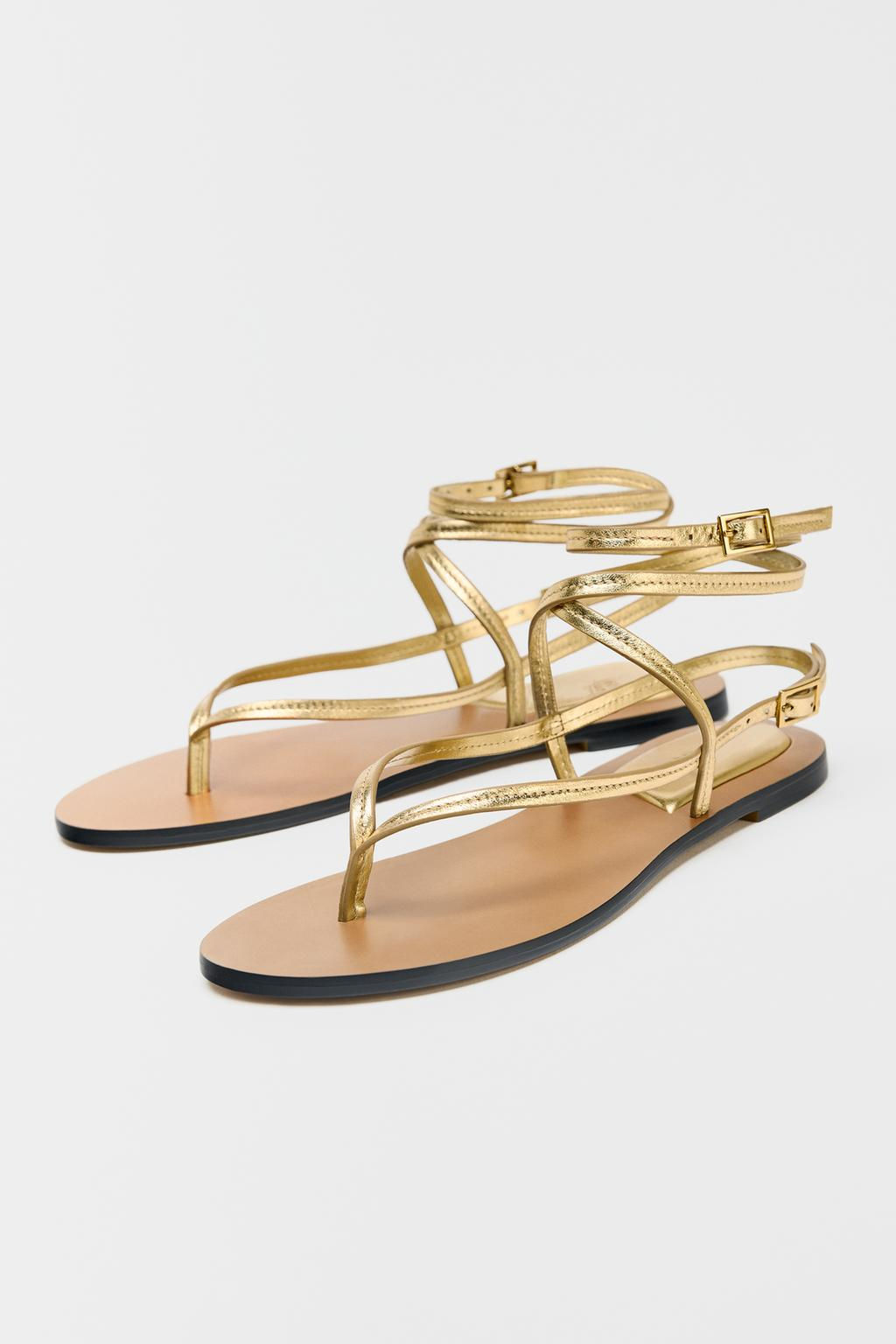LEATHER STRAPPY SANDALS WITH METALLIC EFFECT - Zara фото 3