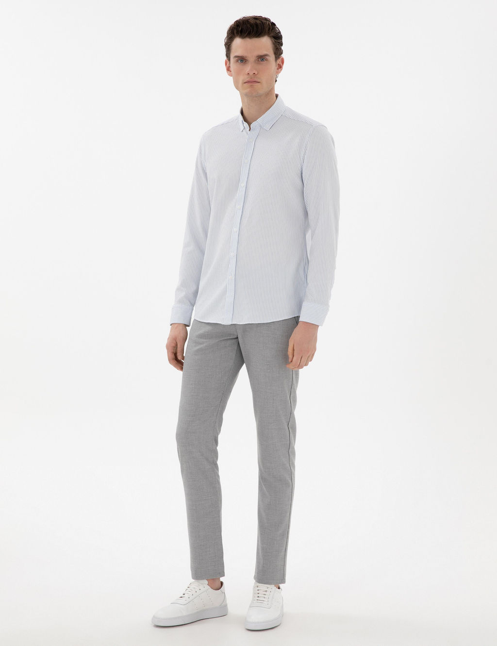 A__k Mavi Slim Fit _izgili Uzun Kollu G_mlek