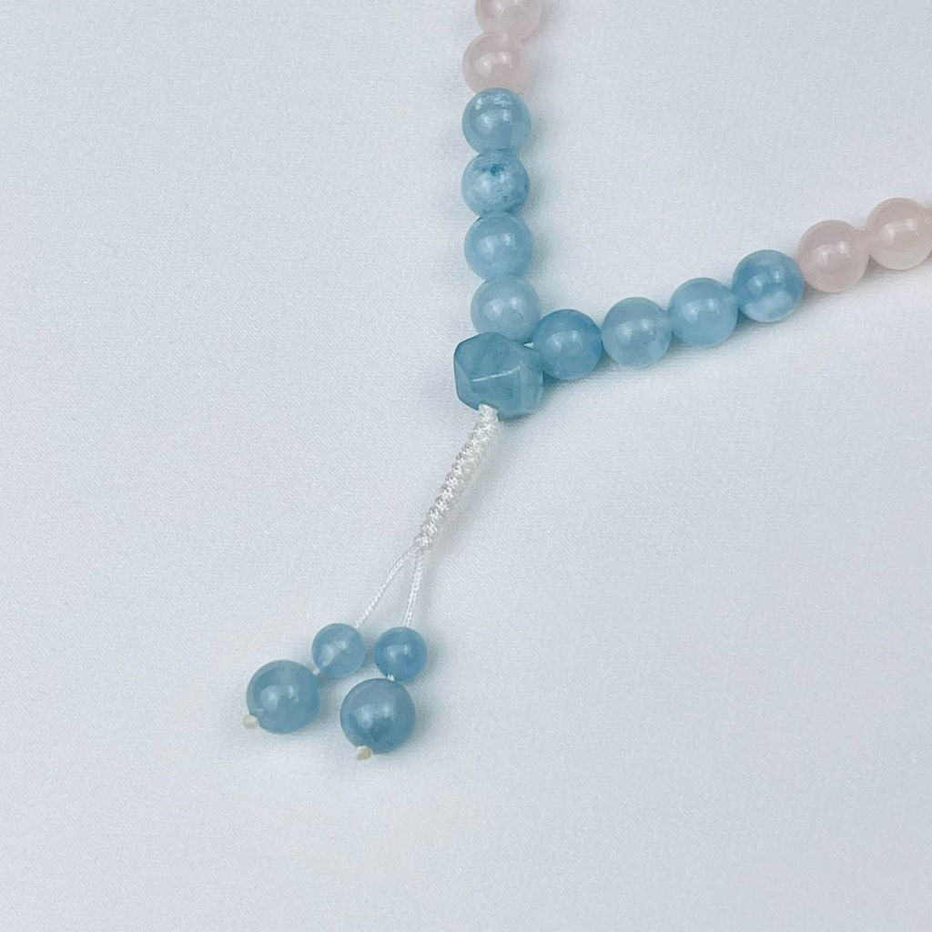 Четки буддийские "мала" из мадагаскарского Розового кварца и Аквамарина (108 бусин)