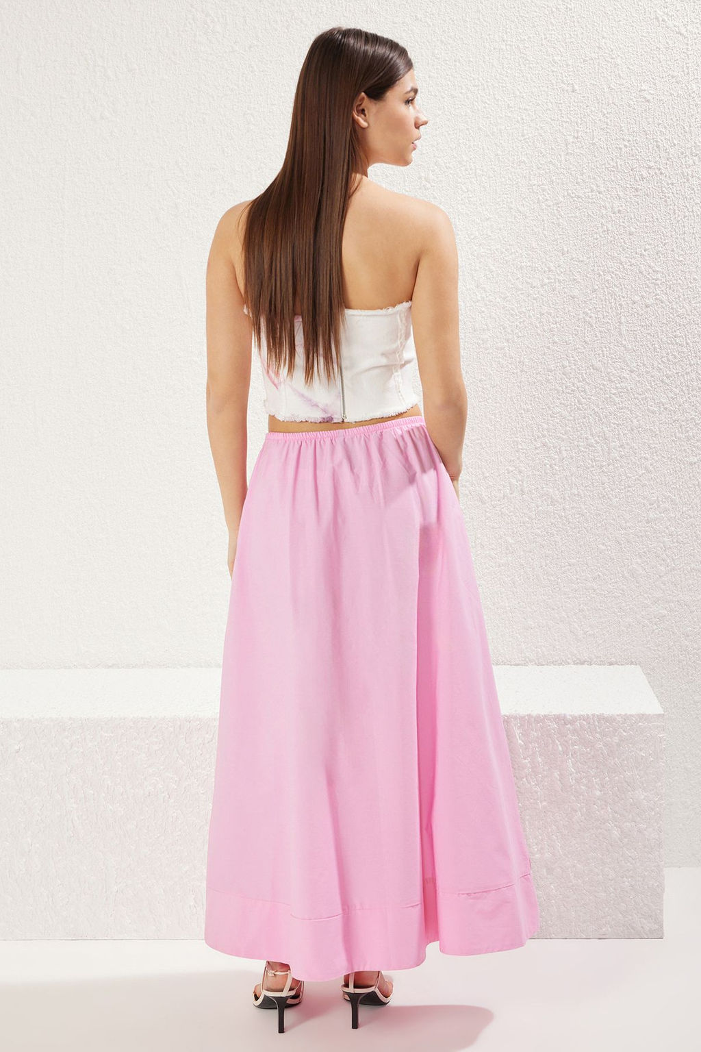 TRENDYOLMILLA Pembe Beli Lastikli Pamuklu Kumas A-Line Kal?p Maxi Boy Dokuma Etek TWOSS25ET00084 фото 7