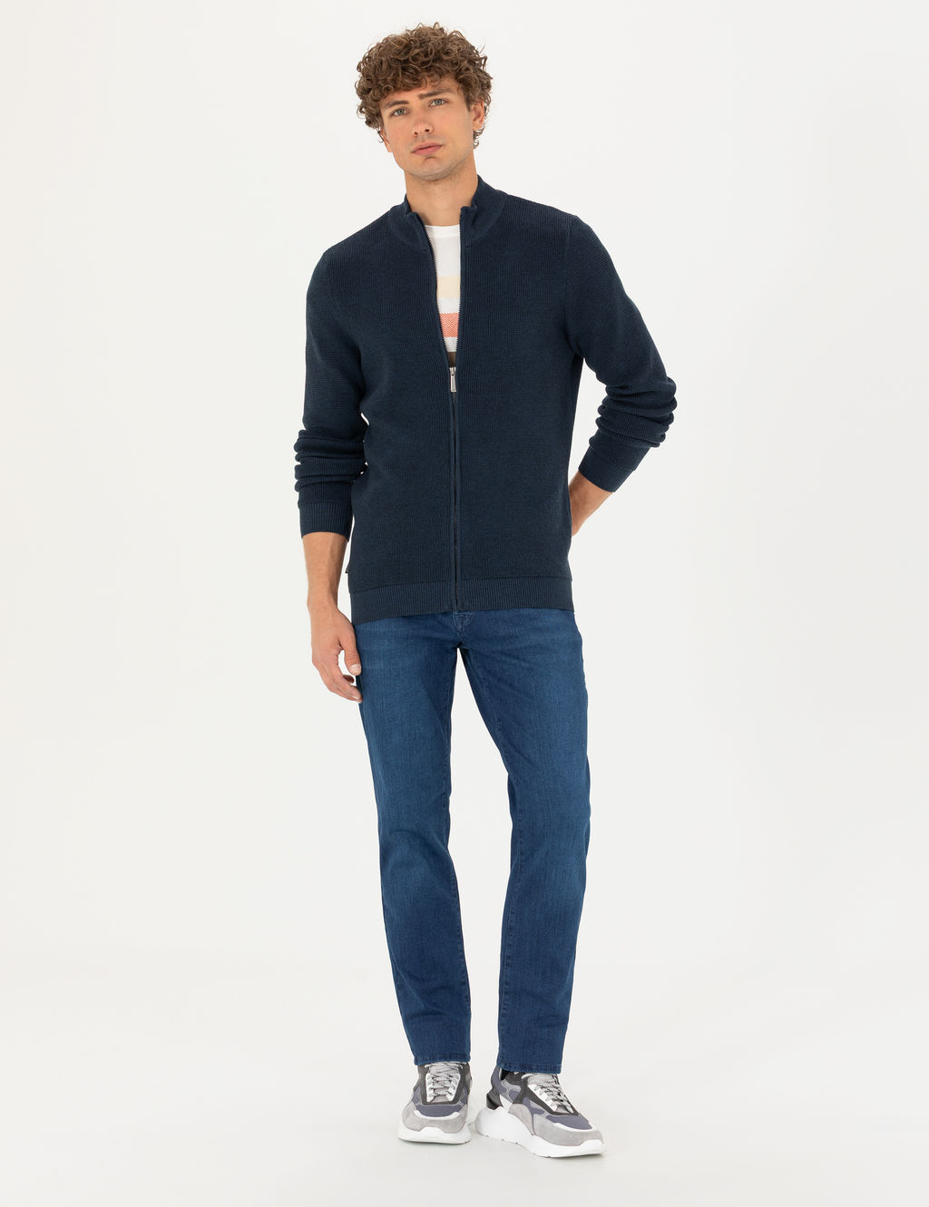 Lacivert Melanj Slim Fit Fermuarl_ Triko H_rka
