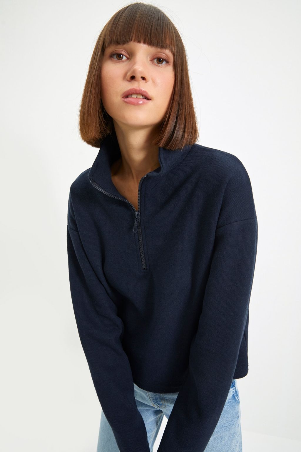 Lacivert Selanik/Triko Gorunumlu Fermuarl? Yaka Regular/Normal Kal?p Orme Sweatshirt TWOAW22SW0732