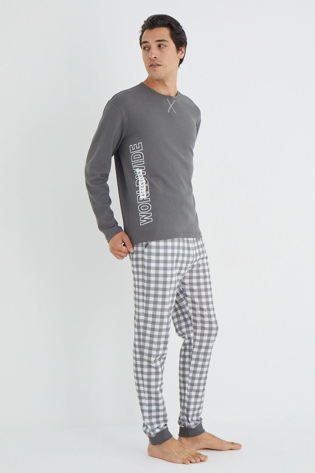 TRENDYOL MAN Antrasit Regular Fit Ekose Orme Pijama Tak?m? TMNAW25PT00064 - Trendyolmilla фото 3