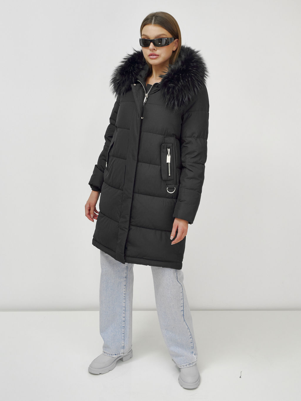 Куртка Бренд Visdeer  ПРЕМИУМ КЛАССА зимняя с мехом ЕНОТА, черного цвета  фото 3