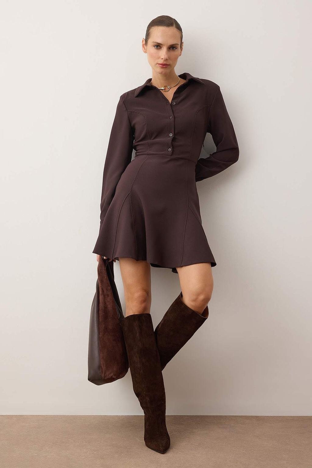 Koyu Kahverengi Mini Dokuma Elbise TWOAW26EL00305