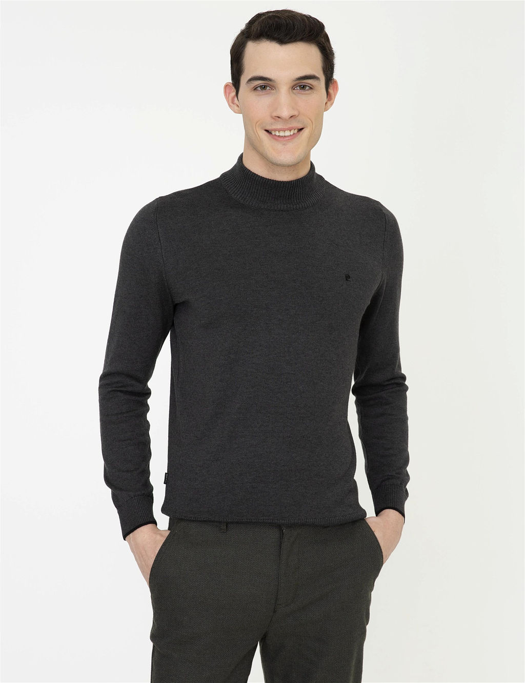 Antrasit Melanj Slim Fit Yar_m Bal_k__ Yaka Basic Triko Kazak