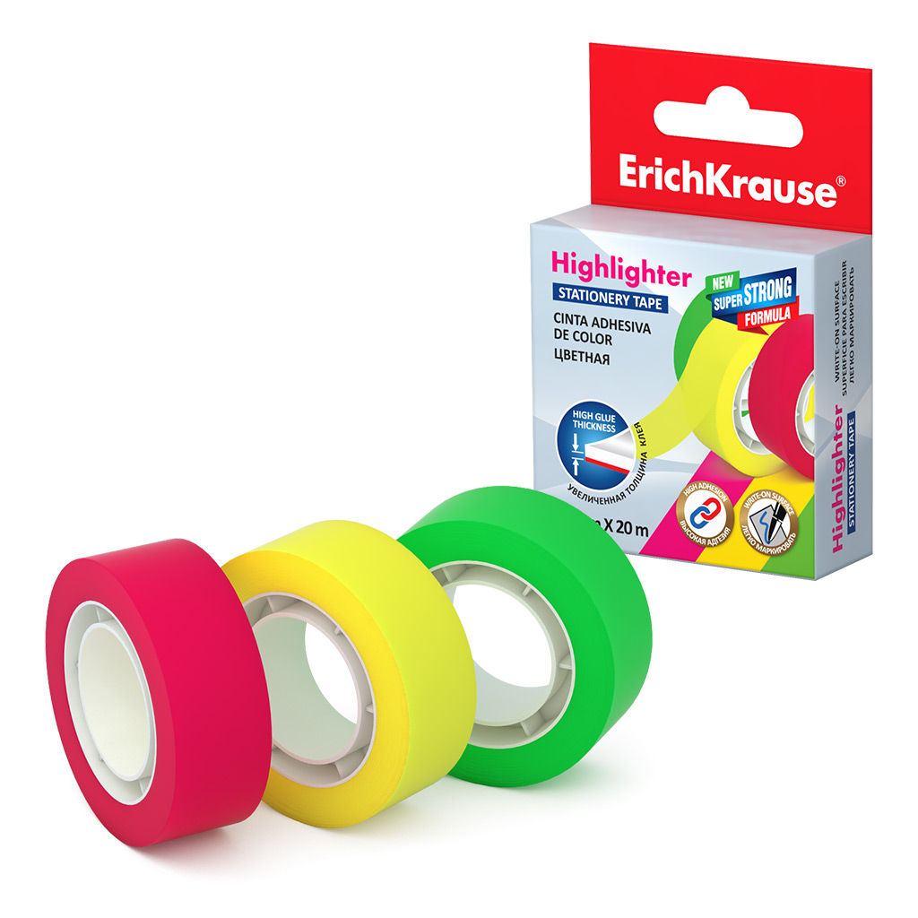 АКЦИЯ Цена за 24 шт. Клейкая лента ErichKrause Highlighter, 18ммх20м, полупрозрачная, цветная, ассорти (в коробке по 1 шт.)