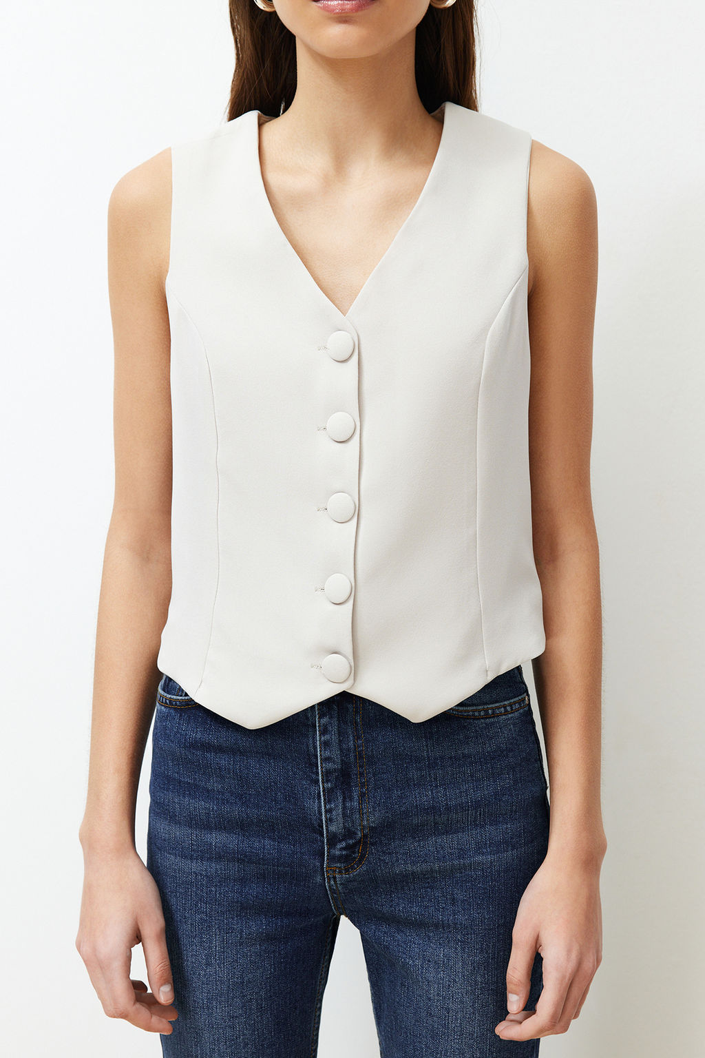 Bej Fitted Fitted Dugmeli Crop Dokuma Yelek TWOSS21YE0009
