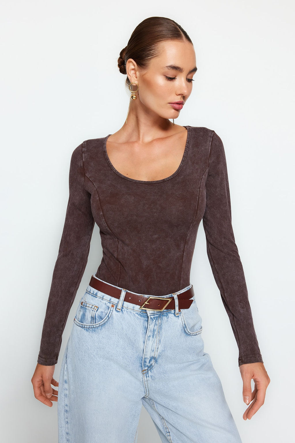 Kahverengi Eskitme/Soluk Efektli Pamuklu Uzun Kol Esnek C?tc?tl? Orme Body TWOAW24BD00044