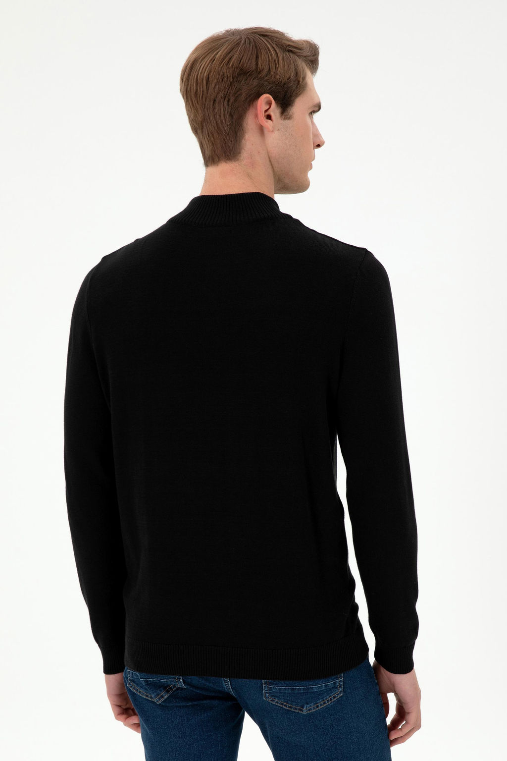 Erkek Slim Fit Yar_m Fermuarl_ Siyah Kazak