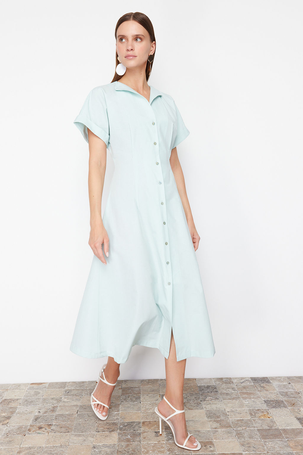 TRENDYOLMILLA Siyah Belden Ac?lan Midi Dokuma Gomlek Elbise TWOSS24EL00052  фото 7