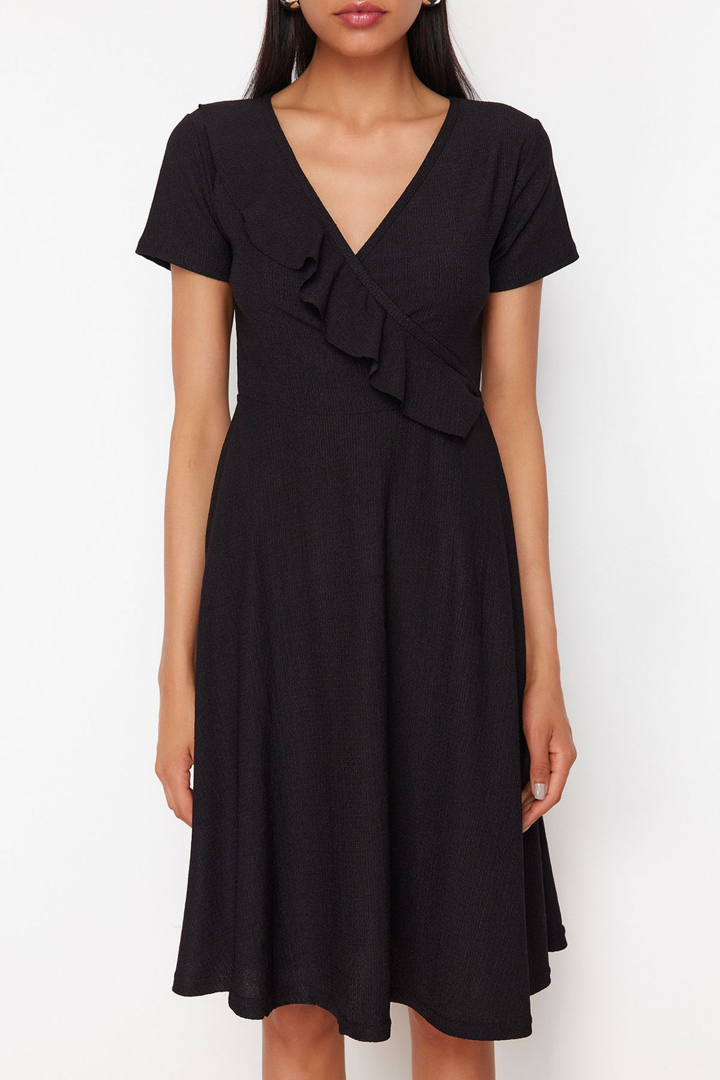 Siyah F?rf?rl? Kruvaze Kapamal? Skater/Belden Ac?lan Esnek Midi Orme Elbise TWOSS24EL01068 - Trendyolmilla фото 4