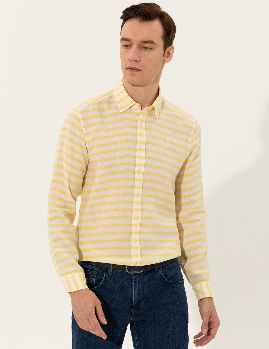 Sar_ Keten Kar___ml_ Slim Fit Uzun Kollu G_mlek