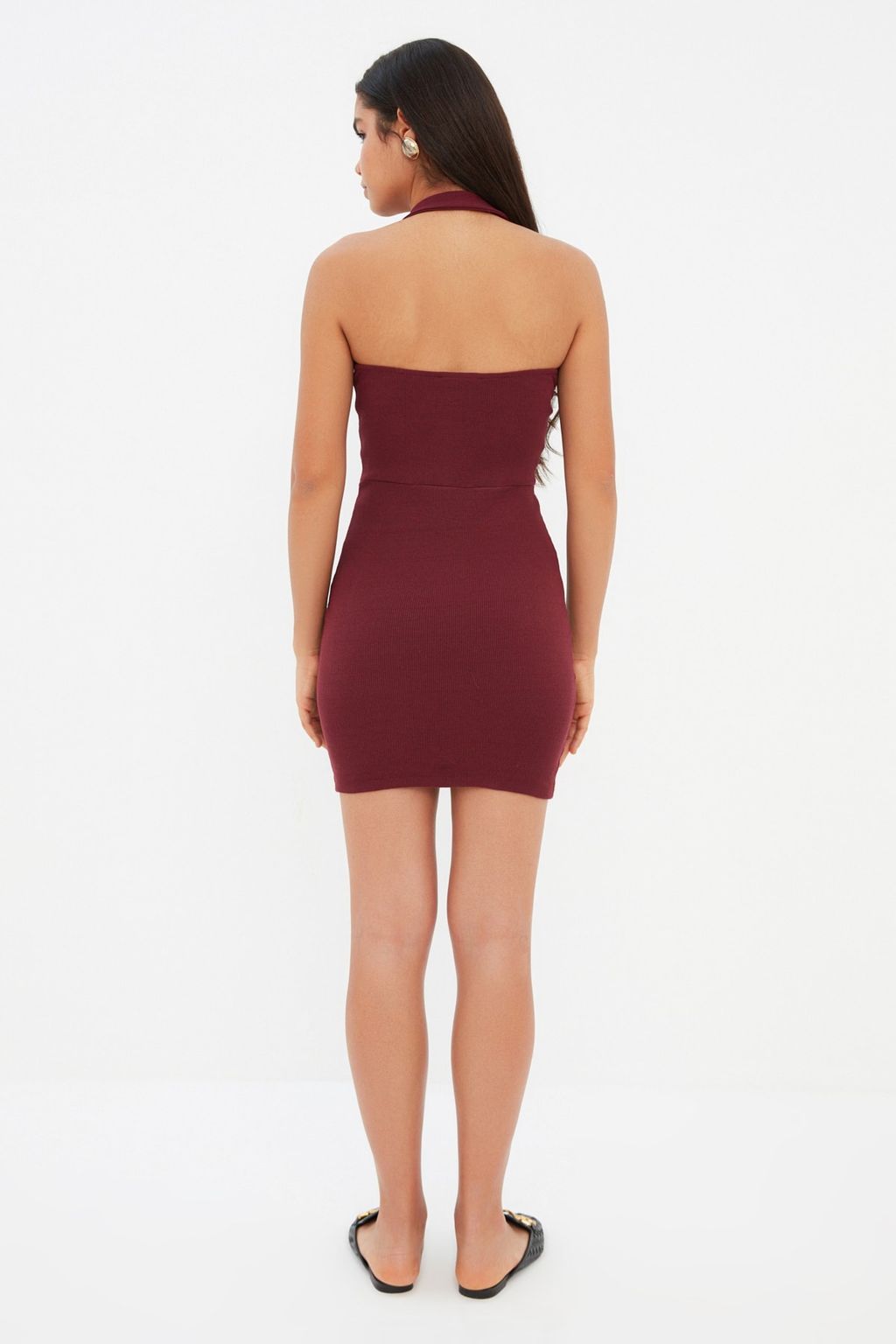 Bordo Vucuda Oturan Polo Yaka Mini Fitilli Esnek Orme Kalem Elbise TWOSS22EL1981