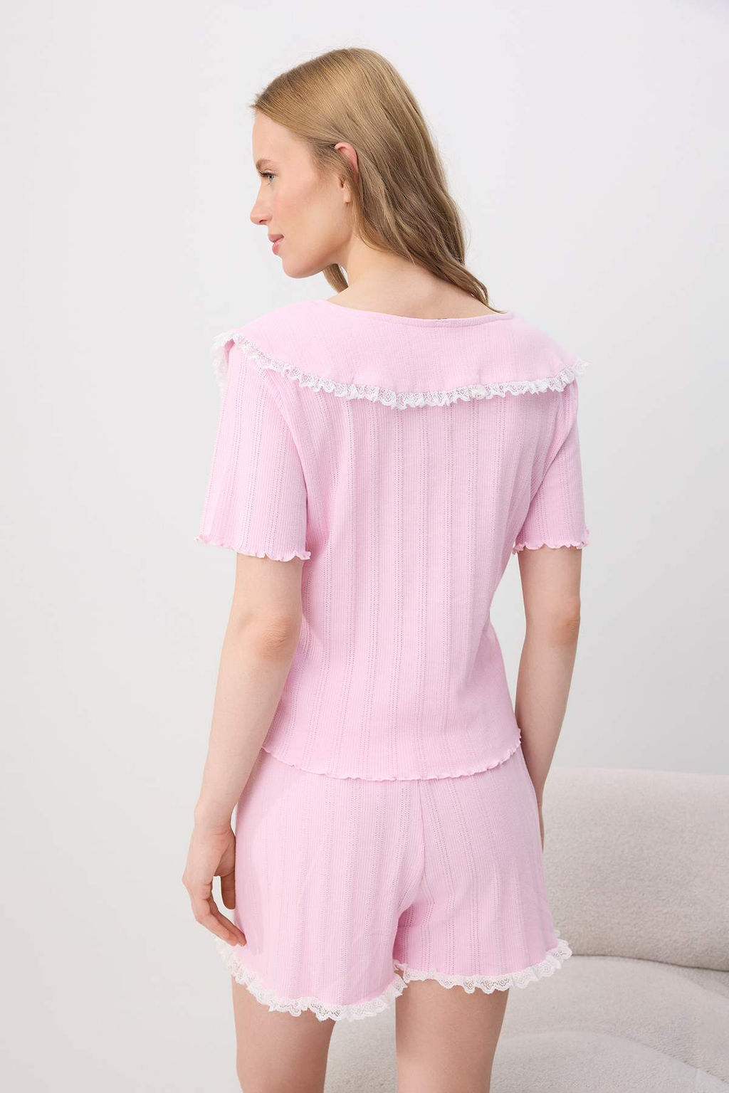 Pembe %100 Pamuklu Yaka Detayl_ Fitilli/Pointel _rme Pijama Tak_m_ THMSS26PT00253 - Trendyolmilla фото 4