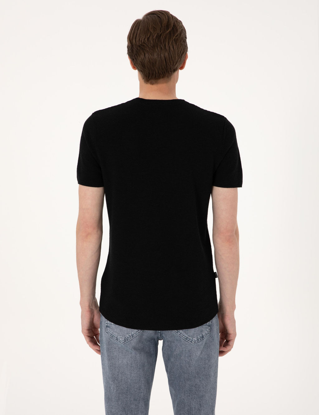 Siyah Slim Fit Keten Kar___ml_ Bisiklet Yaka Triko Ti__rt