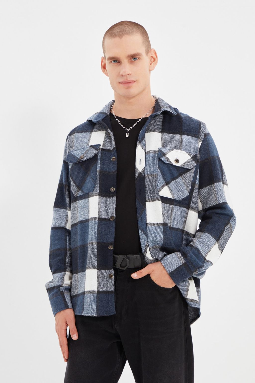 TRENDYOL MAN Mavi Regular Fit Cift Cepli K?sl?k Kareli Ekose Oduncu Ceket Gomlek TMNAW21GO1166