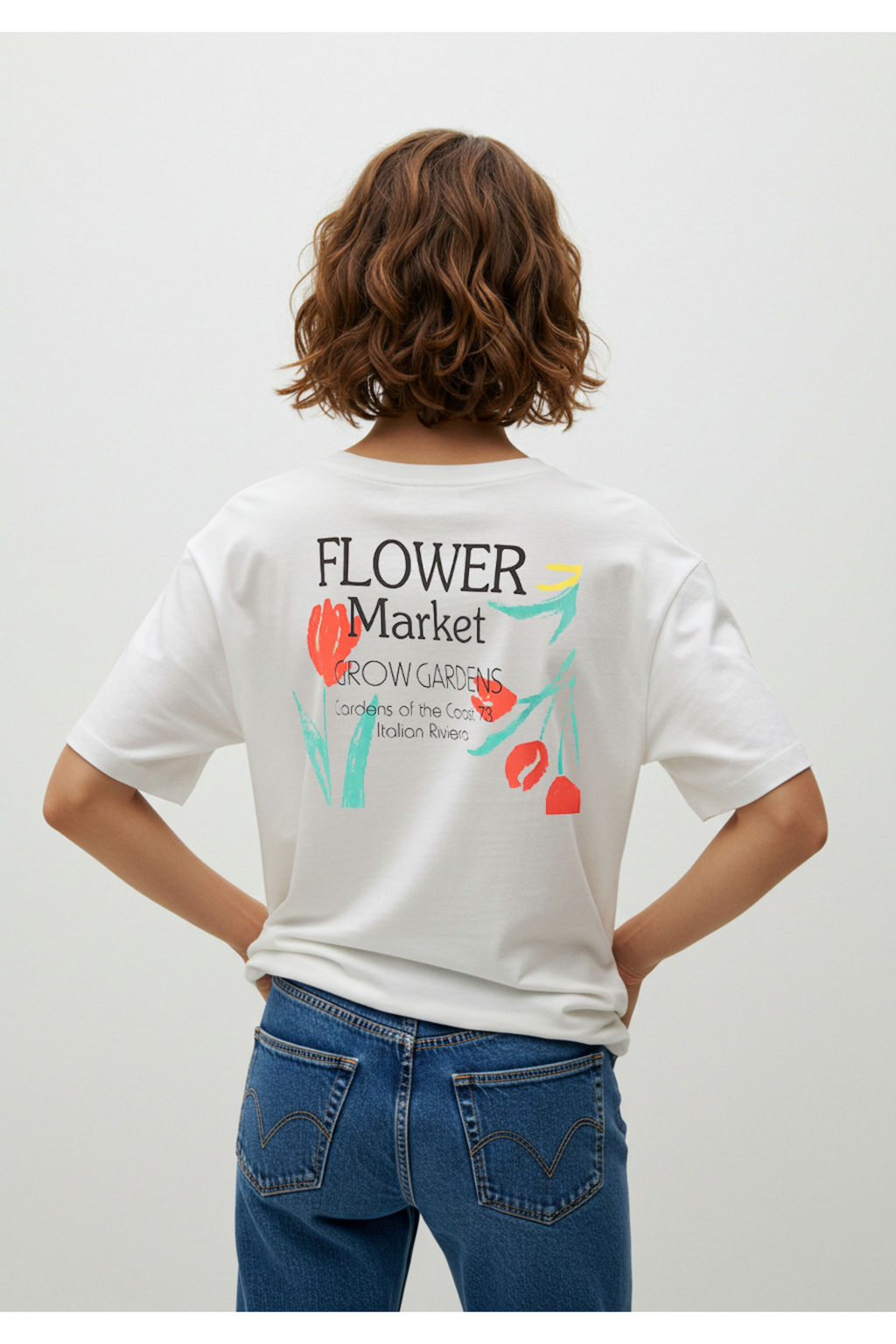 Beyaz Kal?n Pamuklu Oversize/Genis Kal?p S?rt Bask?l? Orme T-Shirt TWOSS25TS00055