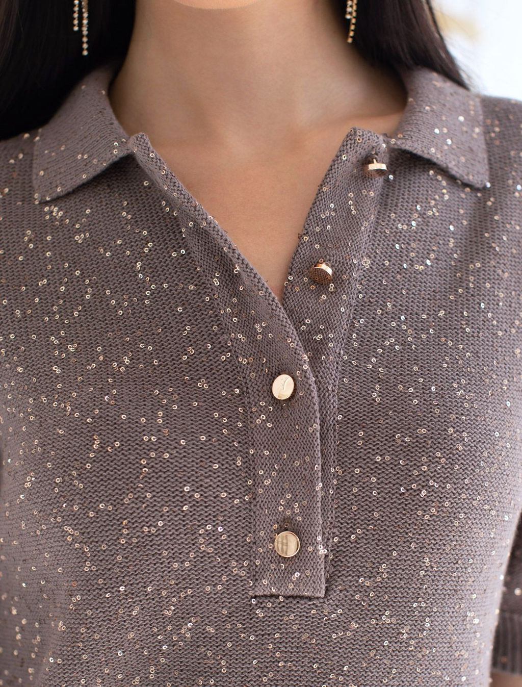Джемпер поло с застежкой на пуговицы из хлопковой пряжи с пайетками - Vilatte фото 2
