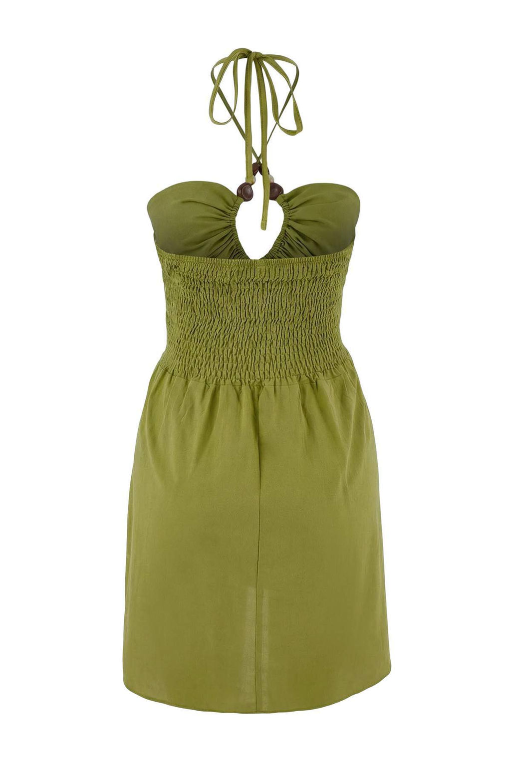 Yag Yesili Dokuma Boyundan Baglamal? Aksesuar Detayl? %100 Pamuk Mini Plaj Elbisesi TBESS26EL00020