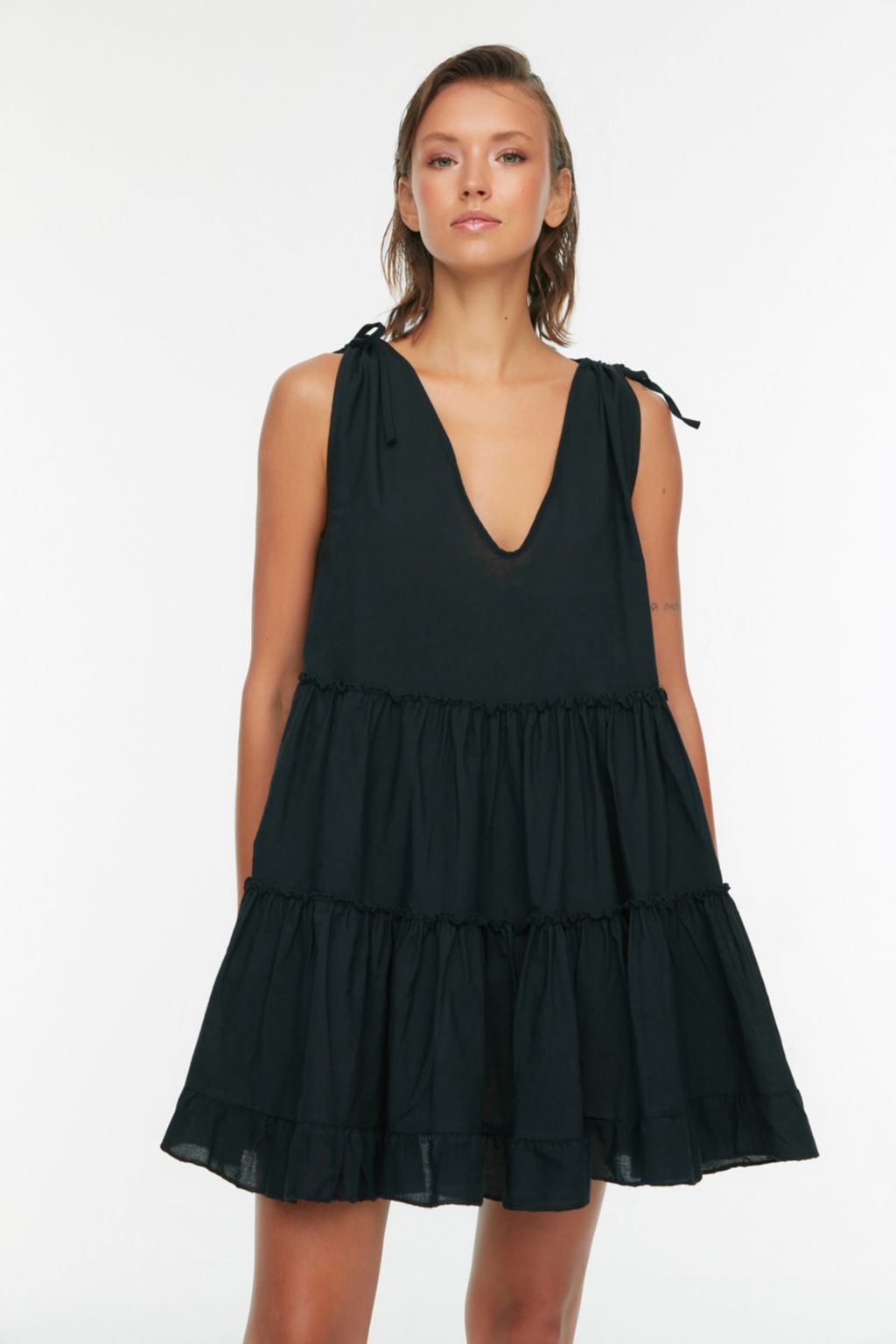 TRENDYOLMILLA Sar? Genis Kal?p Dokuma %100 Pamuk F?rf?rl? Mini Plaj Elbisesi TBESS21EL1247  фото 12