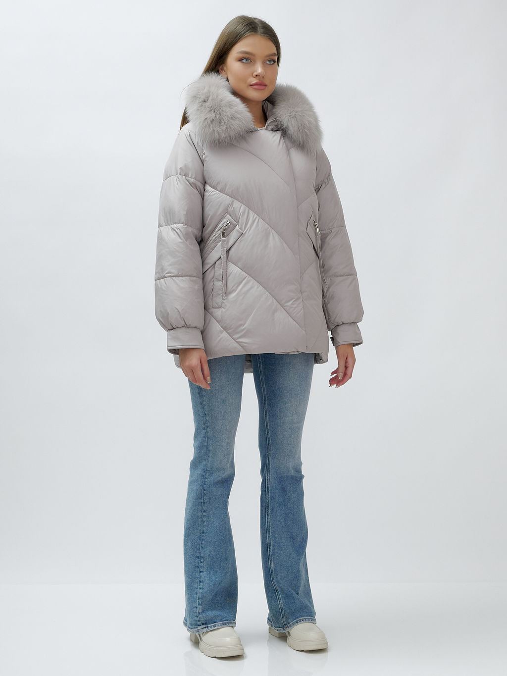 Полупальто женское зимние с мехом песец люкс класса серого цвета 6227Sr - Mtforce фото 4