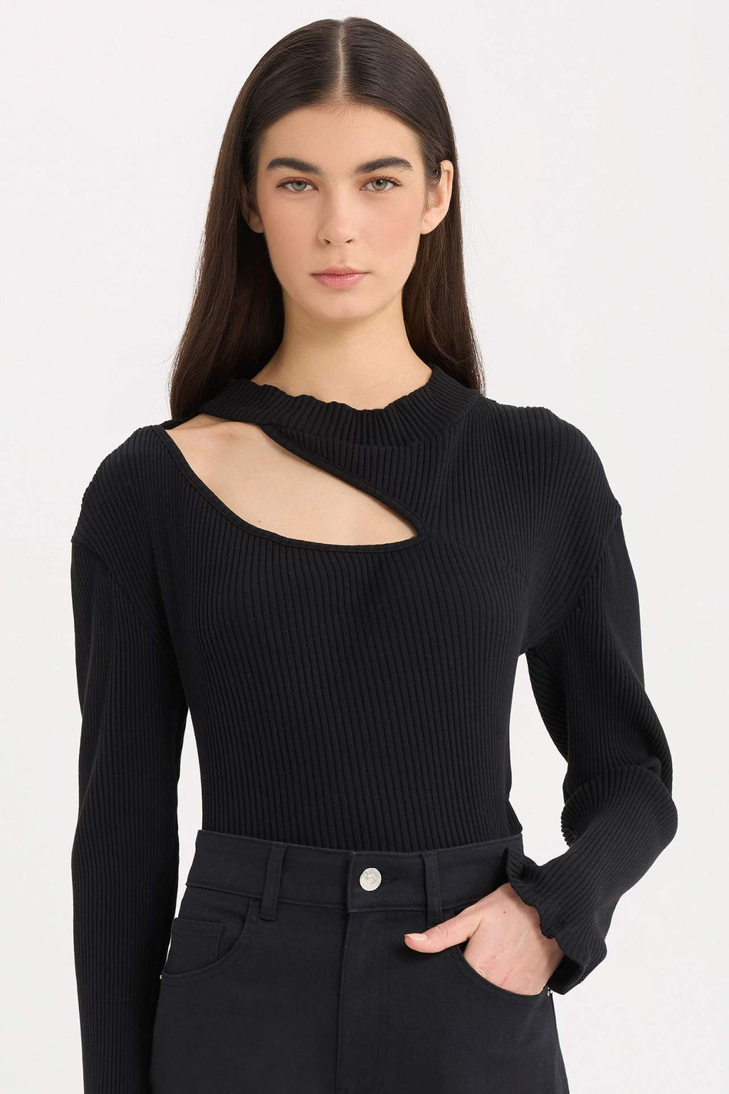 Slim Fit Dar Kesim Yar?m Bal?kc? Yaka Basic Duz Fitilli Kaskorse Uzun Kollu Tisort - Defacto фото 2